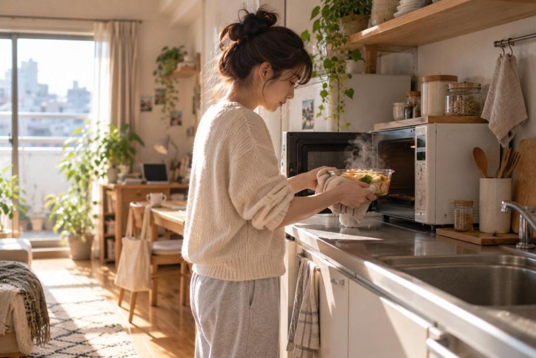 小さなキッチンでレンジ調理をする女性